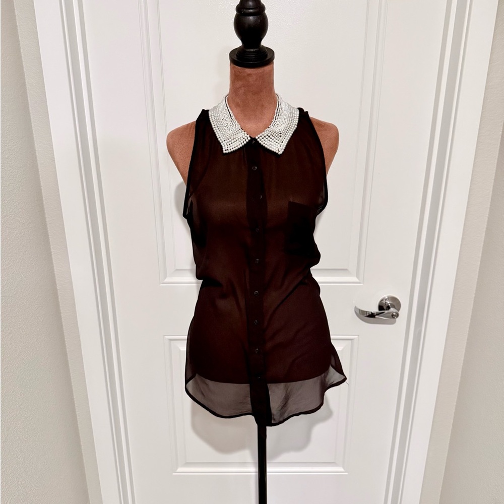 Guess Sheer Black Blouse with Pearl Collar Open Back